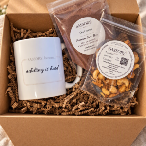 Gift Basket with Sassory Mug and Sass Size Treats